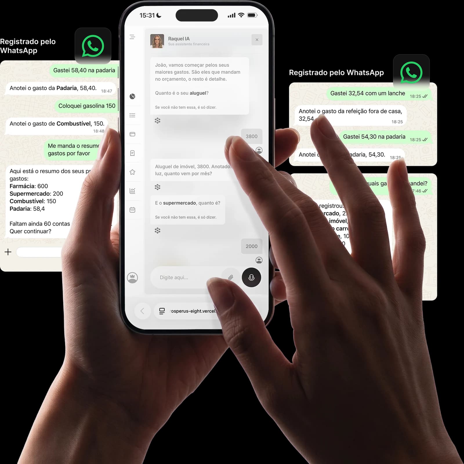 O Prosperus aberto no celular e os gastos que ele registrou pelo WhatsApp